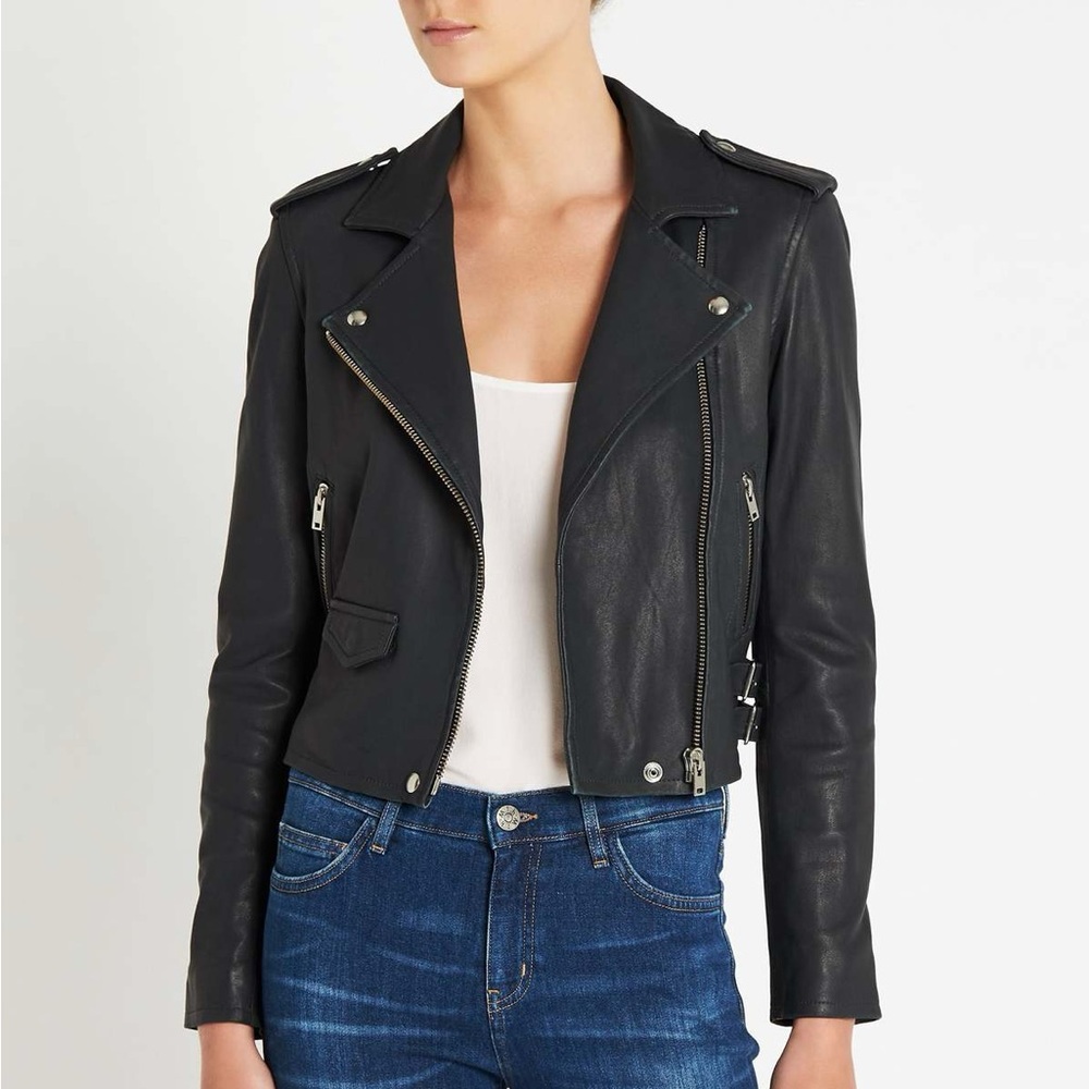 IRO Ashville Navy Motorcycle Leather Jacket Sz 36